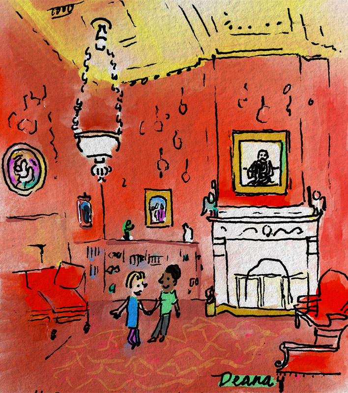 Illustration of Morgan interior with red walls and fireplace, red furntiture, and two figures.