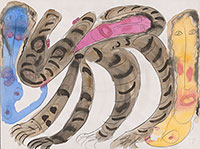 A brown light brown tiger with dark brown stripes with a blue face to the left, a yellow face to the right and a pink face on top.