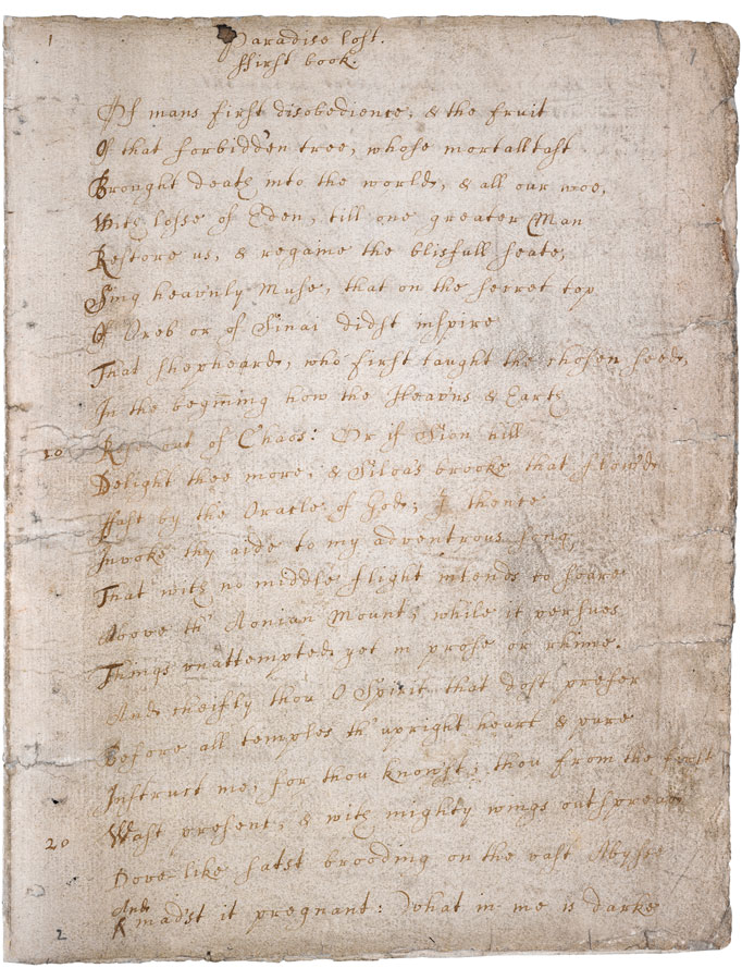 John Milton (1608-1674), Paradise Lost. Manuscript, ca. 1665. Purchased by Pierpont Morgan, 1904. MA 307.