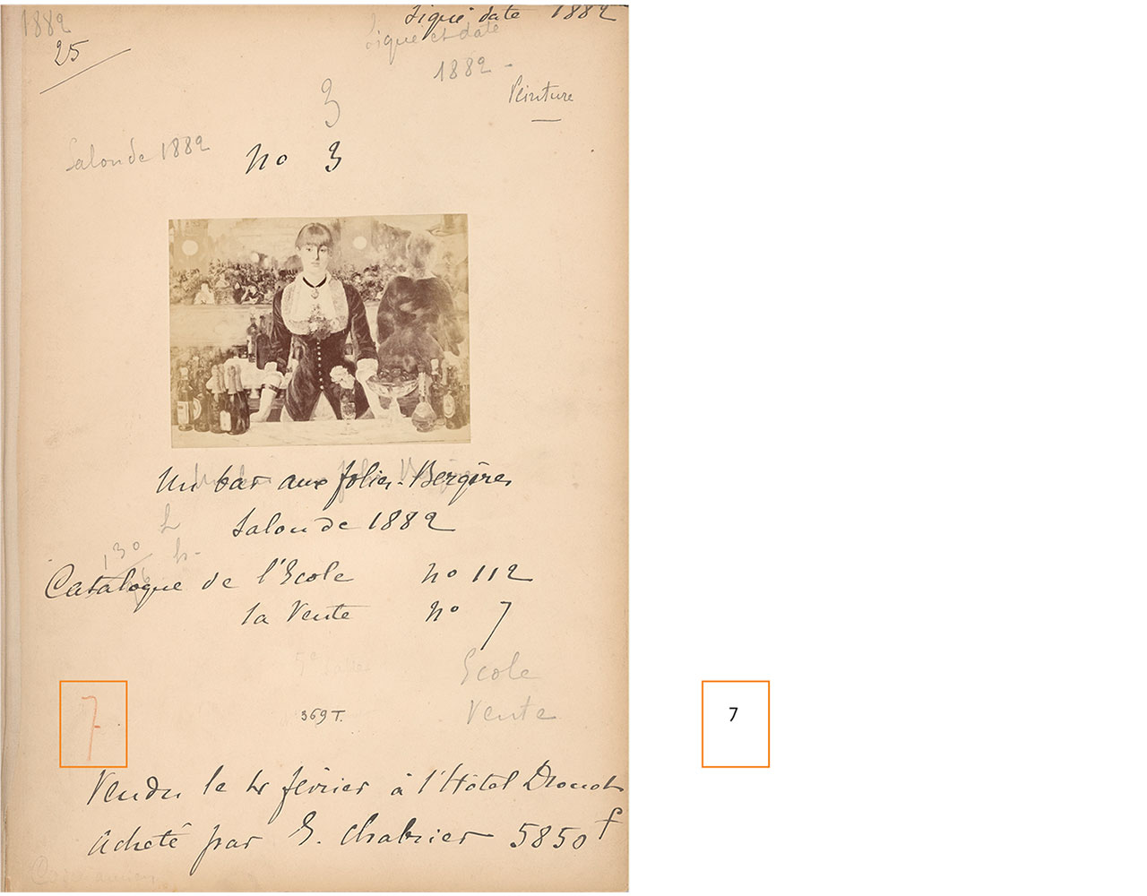 Album page with sepia photograph of Manet's painting with hand-written text above and below.