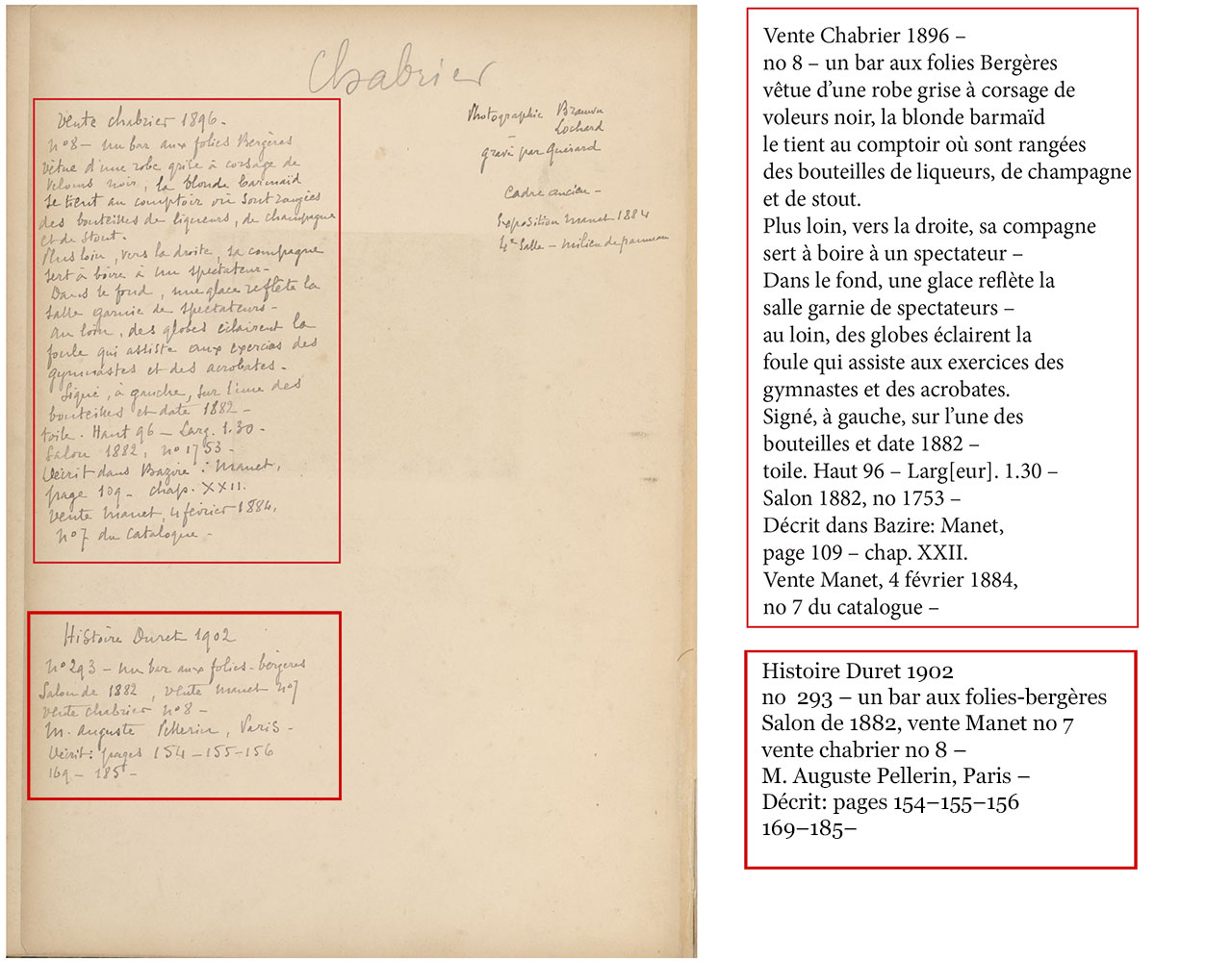 Album page with sepia photograph of Manet's painting with hand-written text above and below.