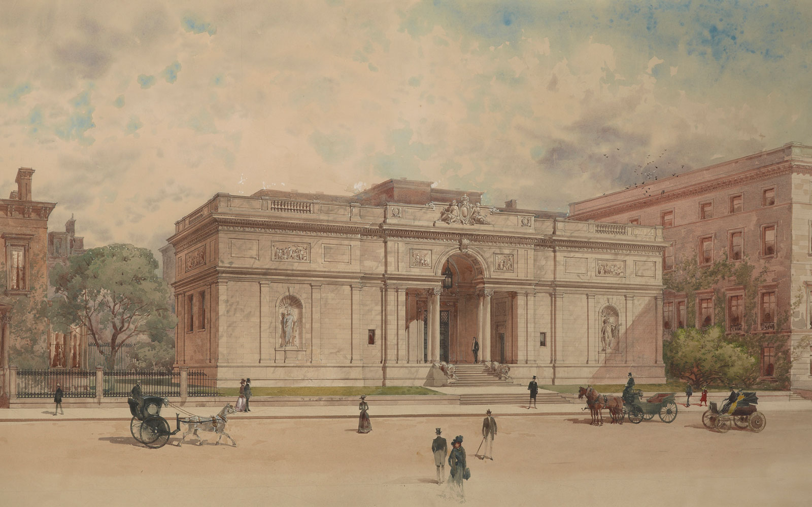Architectural drawing of J. Pierpont Morgan's Library with open street and figures in foreground and green foliage in background.