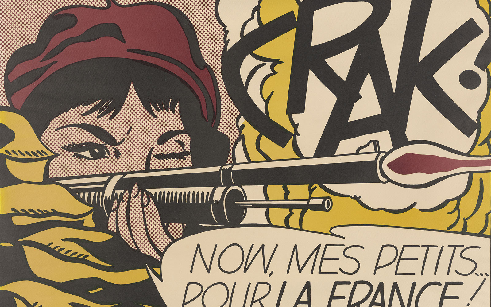Cartoon-like print of a female firing a gun with the words 