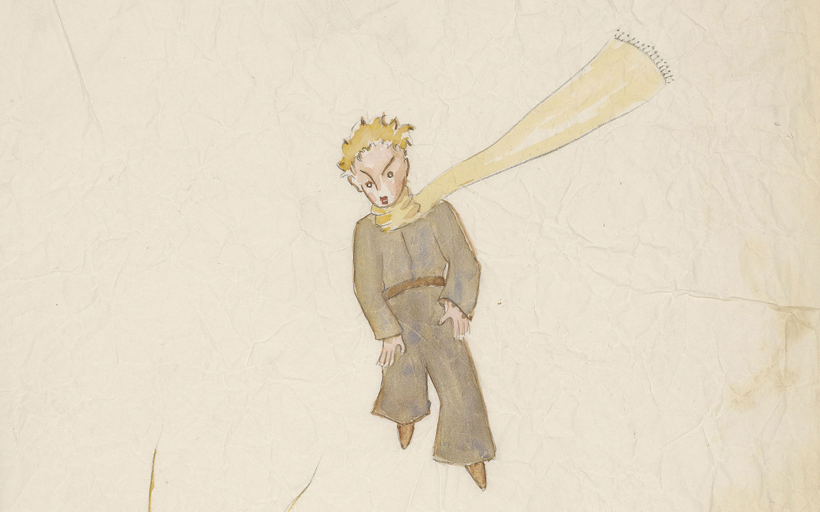 Drawing of a floating figure of a boy dressed in green with blonde hair and a yellow scarf blown up to the right.