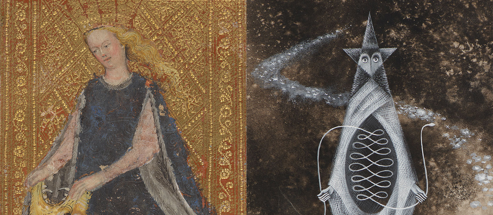 Two figures from Renaissance tarot on the left, and modern tarot on the right.