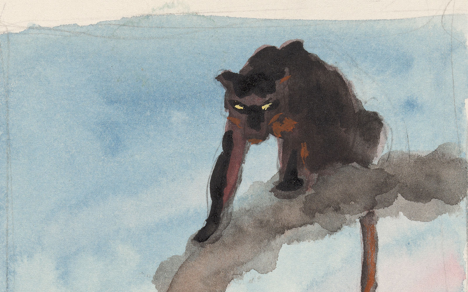 Detail of watercolor showing a black panther sitting on a cloud of gray smoke with a blue sky in the background.