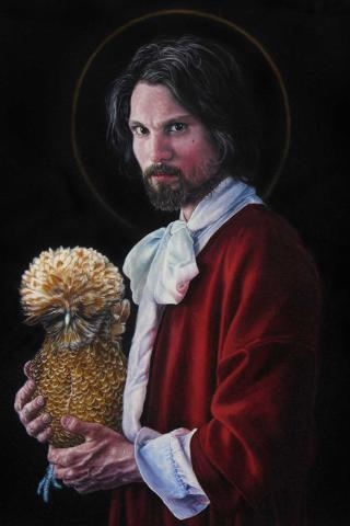 Potrait of a man i a red robe holding a bird.