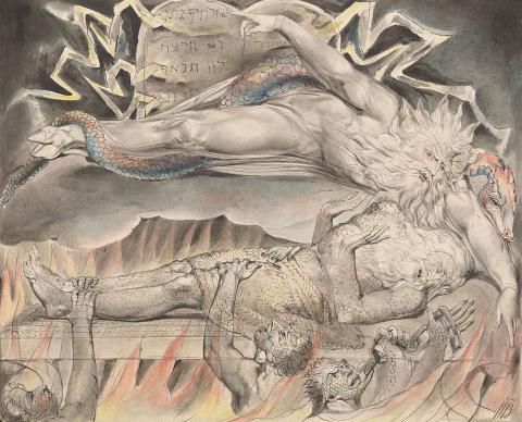 A drawing in pen, black ink, wash, and watercolor, over graphite on paper.  The drawing shows a male figure with a long white beard and hair lying supine on a stone altar, nude except for a cloth draped over his lower half, with three demonic human-like figures grabbing at him from below surrounded by orange-yellow flames. Another figure with white hair and a beard floats above and parallel to the man. This figure has hooved feet and is clothed in a long robe with an opalescent snake wrapped around the length of the figure’s body. This figure has one hand pointing down towards the fire, while the other hand points to two tablets behind that contain Hebrew writing and are radiating yellow lightning-like shapes.