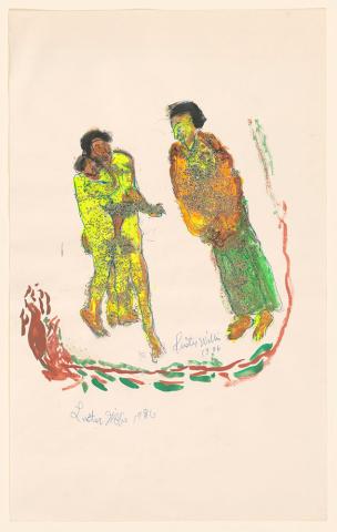 Two figures facing each other earing yellow, orange and green clothes.