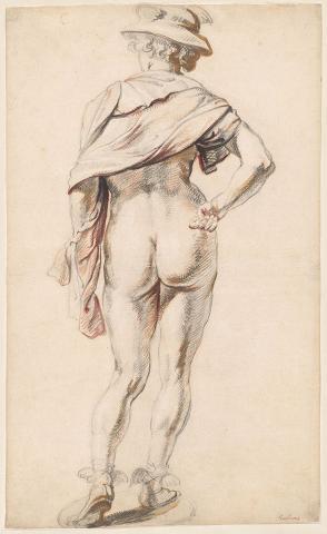 Drawing of figure from behind wearing hat.