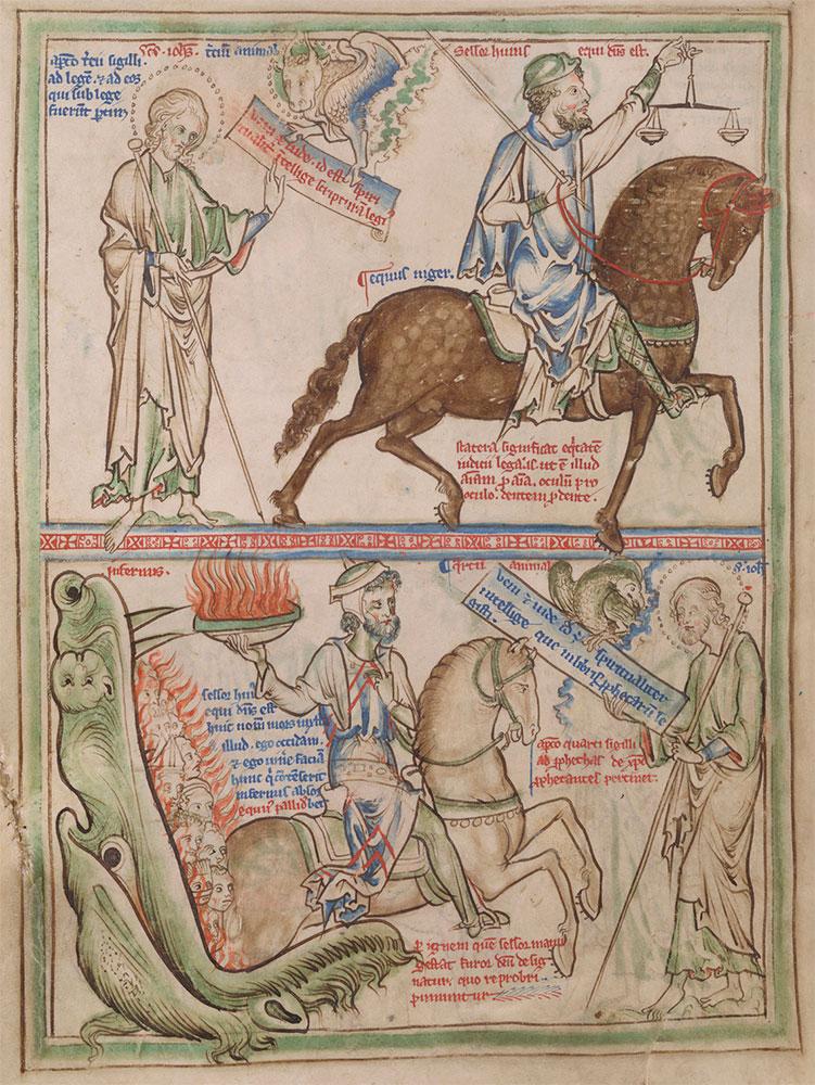 depiction of the famous image of death riding a pale horse, emerging from a hellmouth
