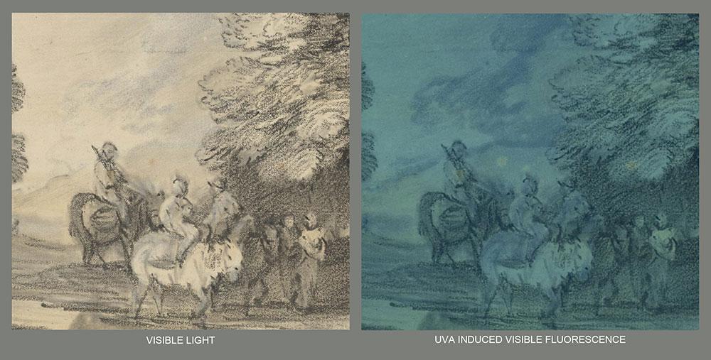 Drawing by Thomas Gainsborough normal illumination and UVA light comparison