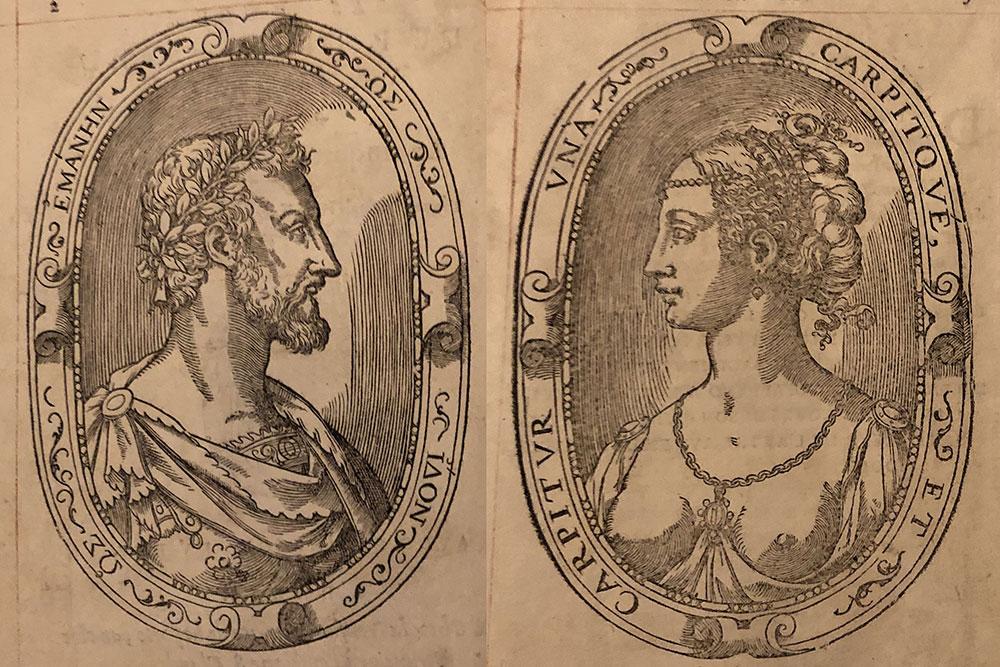 Two portraits in profile of a man and woman looking at eachother with oval decorative borders and latin text.