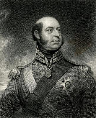 An engraving of Prince Edward, Duke of Kent and Strathearn, shown from the chest up, looking right. He has a bald head with prominent sideburns and wears a military uniform with epaulets, a sash, and several medals.