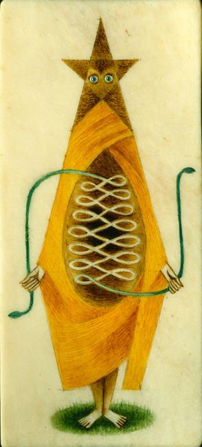 A stylized figure with a star-shaped head, blue eyes, and a yellow robe. Its mid-section reveals a dark oval with white infinity-loop patterns. Small hands hold a green, vine-like object, and it stands on a patch of green.