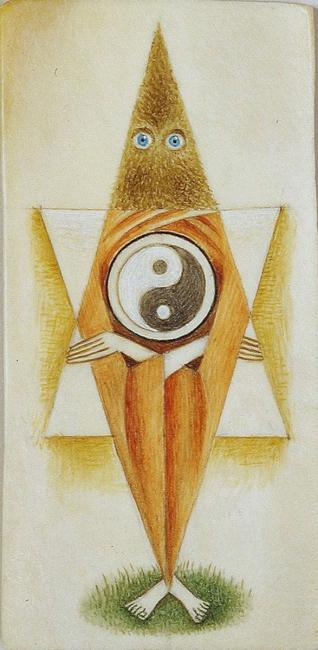 A stylized, humanoid figure with a pointed, textured light brown head and blue eyes. Its orange, triangular body displays a black and white Yin-Yang symbol at its center, with hands crossed over it. White triangular shapes flank the figure, which stands on green grass.