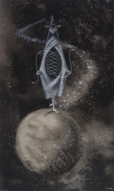 A black and white drawing depicts an elongated, humanoid figure with a star-shaped head and large eyes, standing barefoot on a textured sphere. The figure wears a textured garment with a white spiral design on its torso and holds a curved white string. A trail of white sparkling dots extends behind its head.