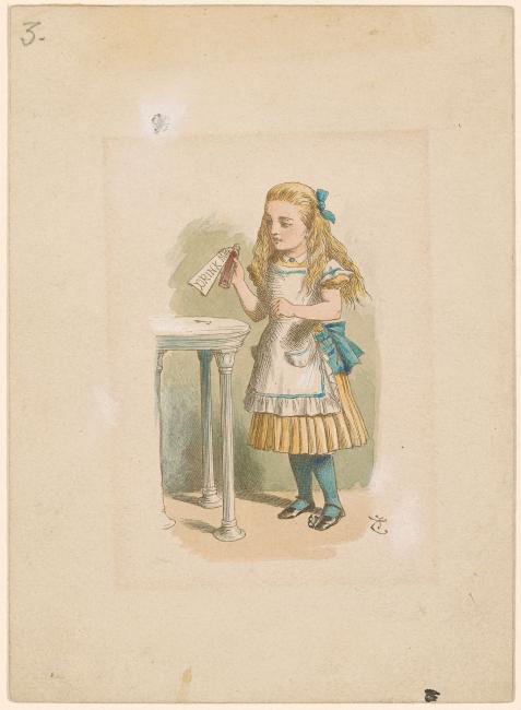 アリスの冒険 版画 John Tenniel 1874年 彼女は不思議の国のアリスの冒険からの妖精の箱をひっくり返しました