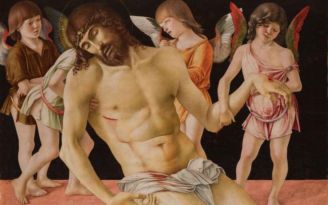 The body of Christ lays in the foreground with four angels in the background.