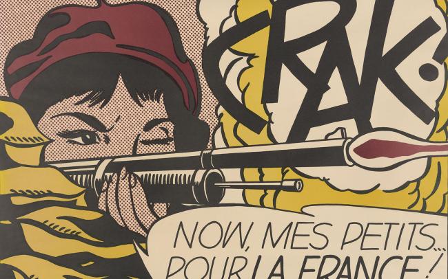 Cartoon-like print of a female firing a gun with the words "Crak!" and "Now, mes petitis...pur la france"
