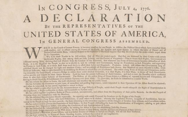 In Congress, July 4, 1776. A declaration by the representatives of the United States of America: in general Congress assembled. Philadelphia: Printed by John Dunlap, 1776.