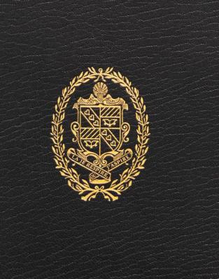 Detail of black volume case cover with gold coat of arms.