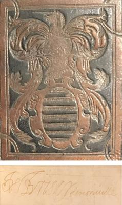 Red and balck embossed book cover with coat of arms and image of signature underneath.