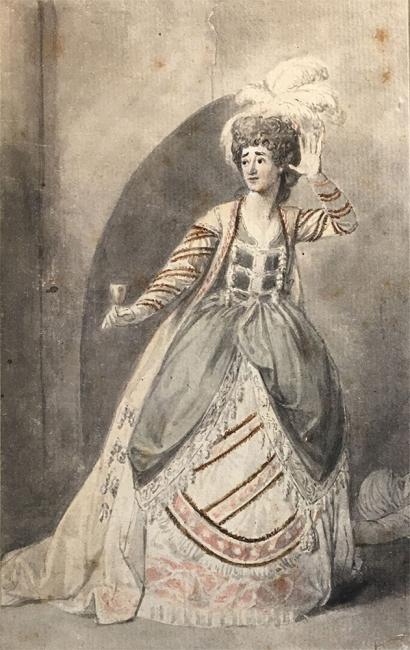 An ink wash and watercolor drawing of a woman in an 18th century dress with a corseted bodice and a structured skirt, holding a silver cup forward in one hand with her other hand open by her face. Her dress is mostly grey and white with some pink tones. She also wears a large white feather on her head atop an updo hairstyle.