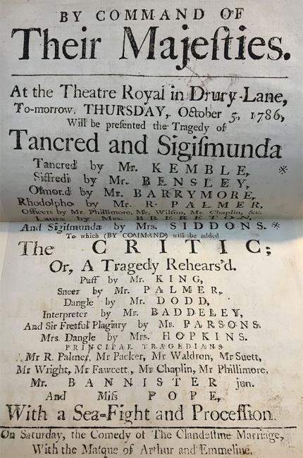 A playbill for Tancred and Sigismunda with black printed letters on off white paper. The text is largest at the top and gets smaller down the page. The text reads By Command of Their Majesties. At the Theatre Royal in Drury Lane, to-morrow, Thursday, October 5, 1786, will be presented the Tragedy of Tancred and Sigismunda.  This is followed by several more lines of text outlining the cast members.