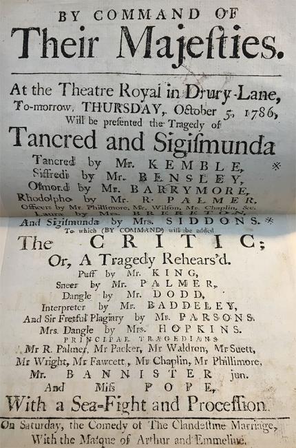 A playbill for Tancred and Sigismunda with black printed letters on off white paper. The text is largest at the top and gets smaller down the page. The text reads By Command of Their Majesties. At the Theatre Royal in Drury Lane, to-morrow, Thursday, October 5, 1786, will be presented the Tragedy of Tancred and Sigismunda. This is followed by several more lines of text outlining the cast members.