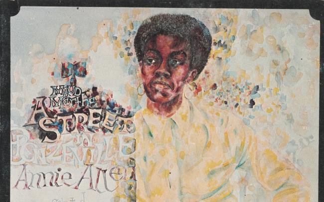 A portrait showing Gwendolyn Brooks wearing a yellow dress and hoop earrings with text that says: "Maud Martha A street in Bronzeville"