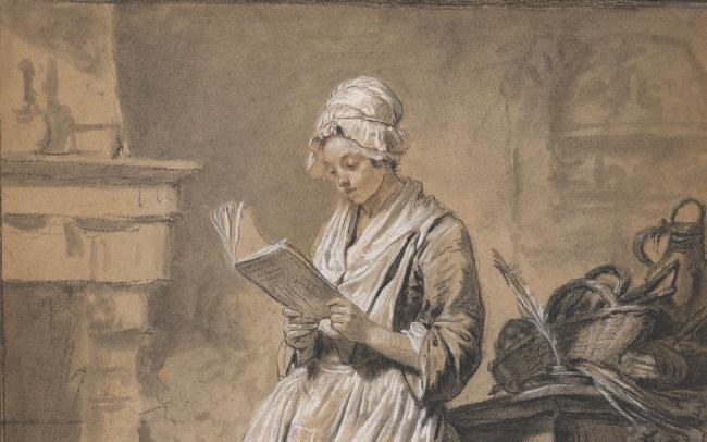 Detail of a drawing of a woman reading a book wearing a white bonnet.