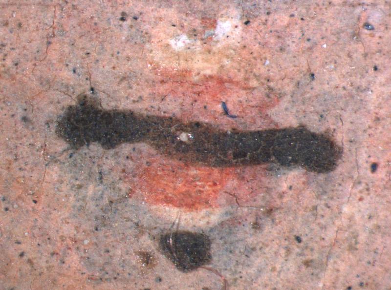 A close-up of a granular, light brown surface with fine cracks. A dark, irregular horizontal band is centered, with faded reddish-orange areas above and below it, and a smaller dark mark at the bottom.