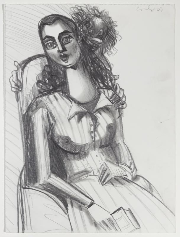 Woman sitting on chair with large eyes looking to one side with monstrous figure behind her.