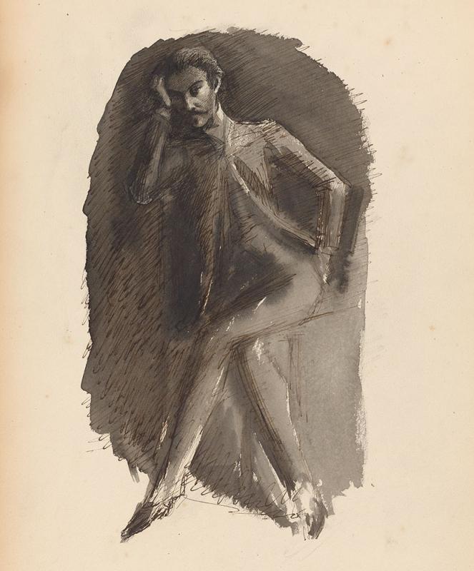Sketch of seated male figure with legs crossed and head resting on right hand.