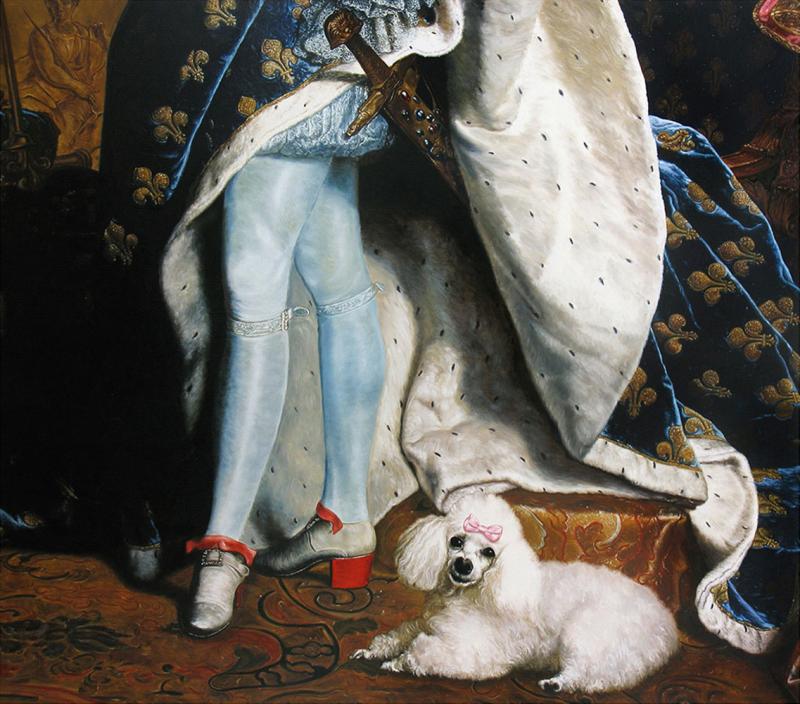 Paiting of  a poodle sitting at man's feet.