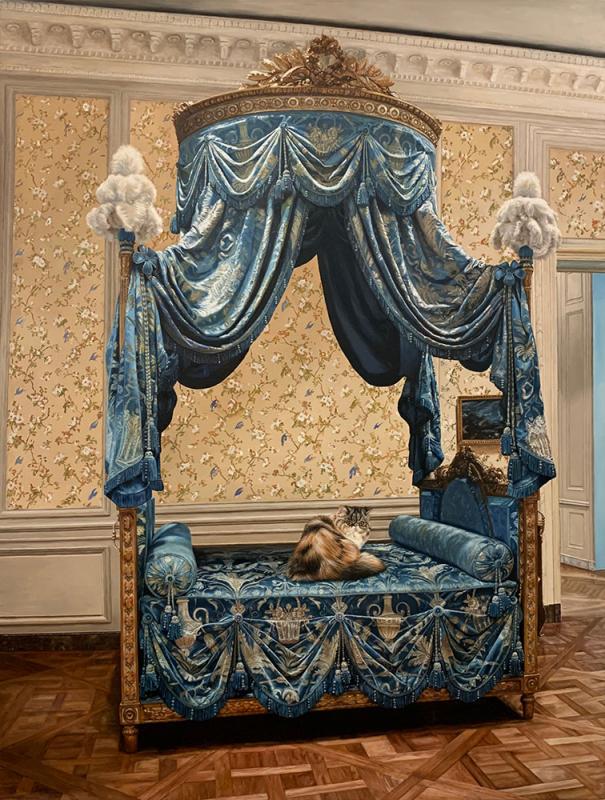Painting of cat lying on ornate four post bed.