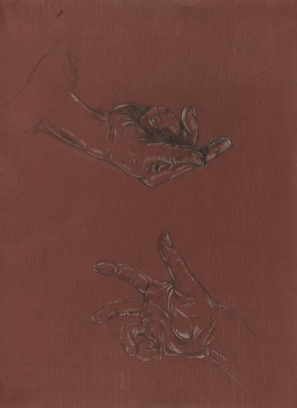 Hands drawin with black shadowing and white highlight cross-hatching on a deep red brown background.