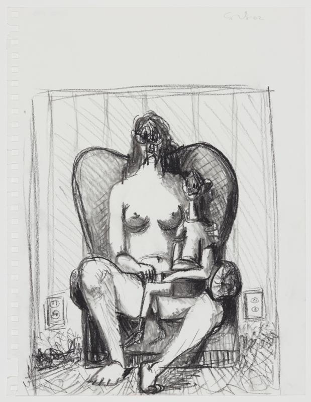 Nude female figure seated on chair with child sitting on her lap.