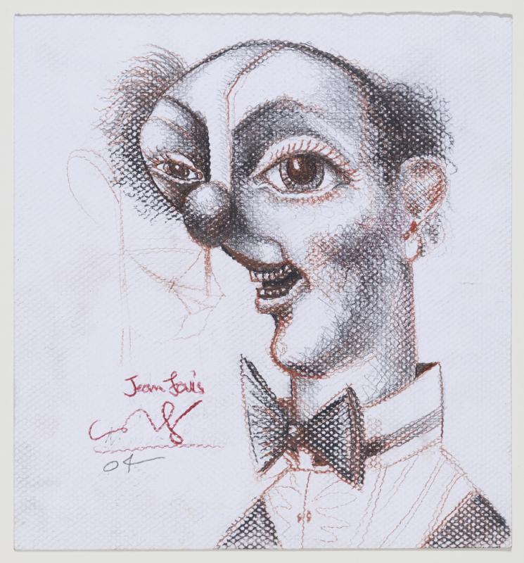 Distorted portrait of man with right eye much larger than the other and a bald head wearing a bow tie with "Jean Louis" written to the side.