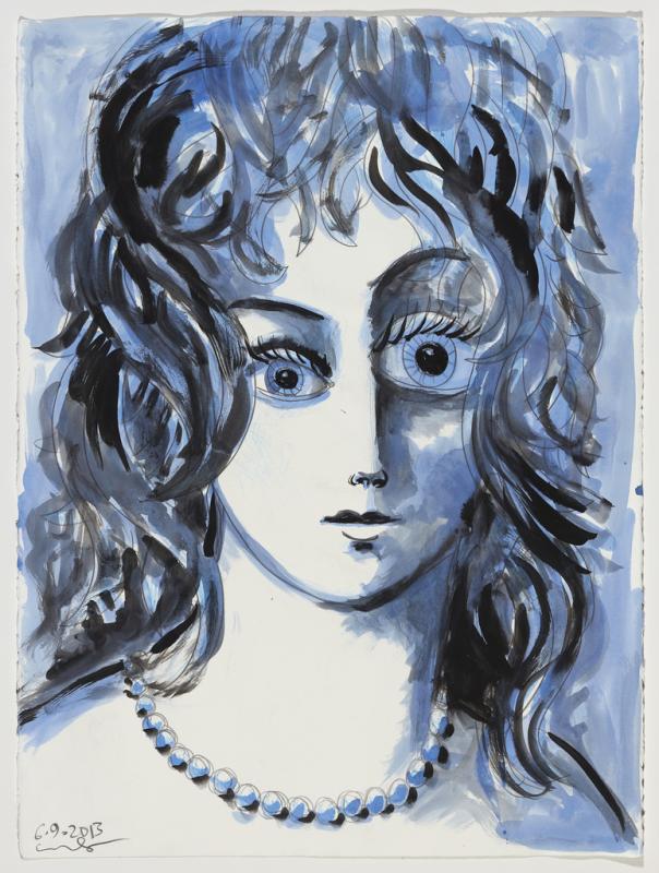 Portrait of woman with large eyes drawn in black and blue.
