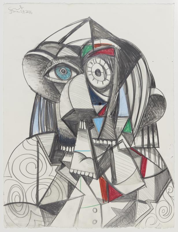 Portrait of head drawn in a cubist style with red, green, and blue highlights in thick blackm lines.