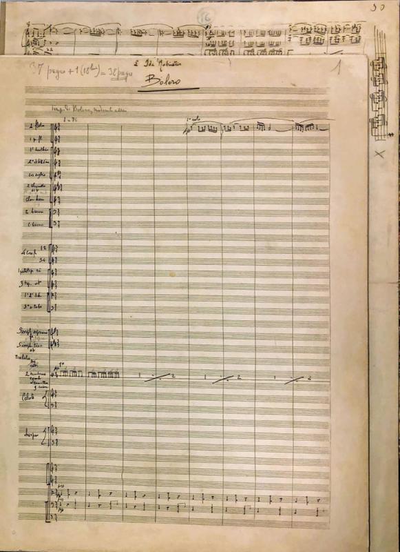 a music manuscript on yellowig paper with "Bolero" hand-written at the top.