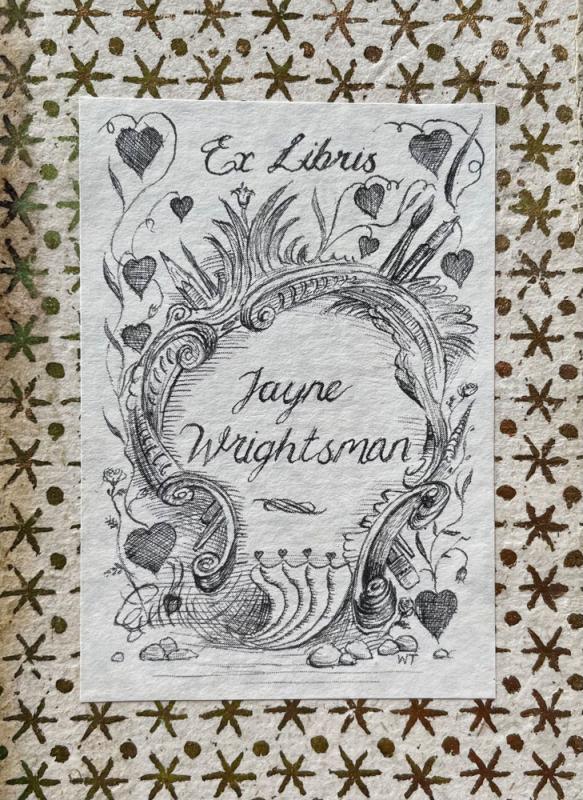 Ornamntal graphite drawing with text that syas Janyne Wrightsman and Ex Libris surrounded by decorative border.
