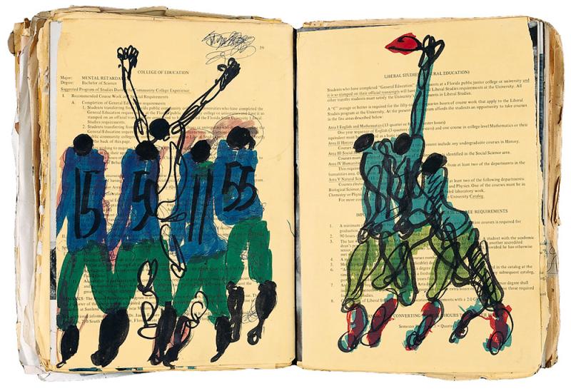 Standing figures, some with hands raised, painted over text in a book.