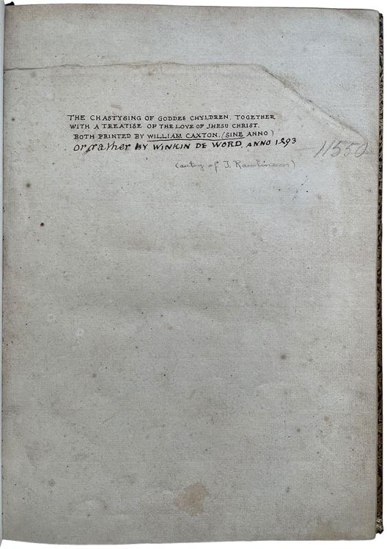 Book page with text that says: The Chastysing of Goddes chyldren together with a treatise of the love of Jesus Christ both printed by William Caxton.