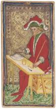 A man in a red tunic and a red and green hat sits at a small wooden table, working on a white, intricate object with a stick-like tool. A gold patterned background is behind him.