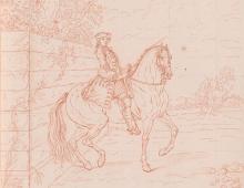 Drawing of male figure on horseback in red chalk.