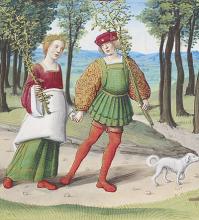 Two figures, one male and one female holding hands while walking on a path with a small white dog to the right.