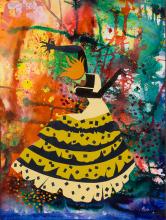 Dancing figure in long dress surrounded by bright orange, red, green, and blue.